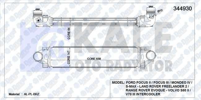 KALE 344930 Turbo Radyatoru (Intercooler) Ford Focus Ii / Focus Iii / Mondeo Iv / S-Max Volvo S80 Ii / V70 Iii Land Rover Freelander 2 / Range Rover Evoque (Al/Pl/Brz)  ####
